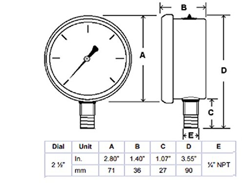 2.5" DIAL DISPLAY, STAINLESS STEEL CASE, BRASS INTERNALS, 1/4 MALE NPT LOWER MOUNT CONNECTION,