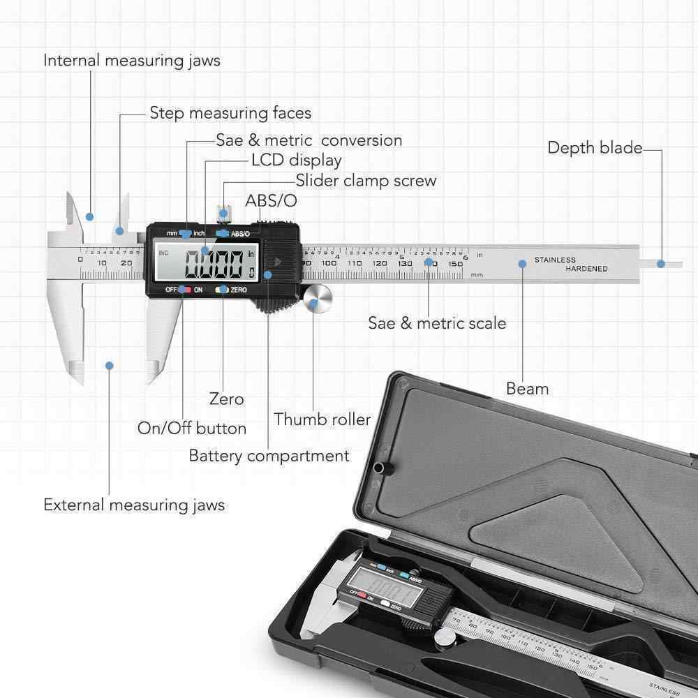 Measuring Tool, Digital Caliper with ABS/0 Button, IP54 Waterproof Micrometer Caliper Digital Stainless Steel Body