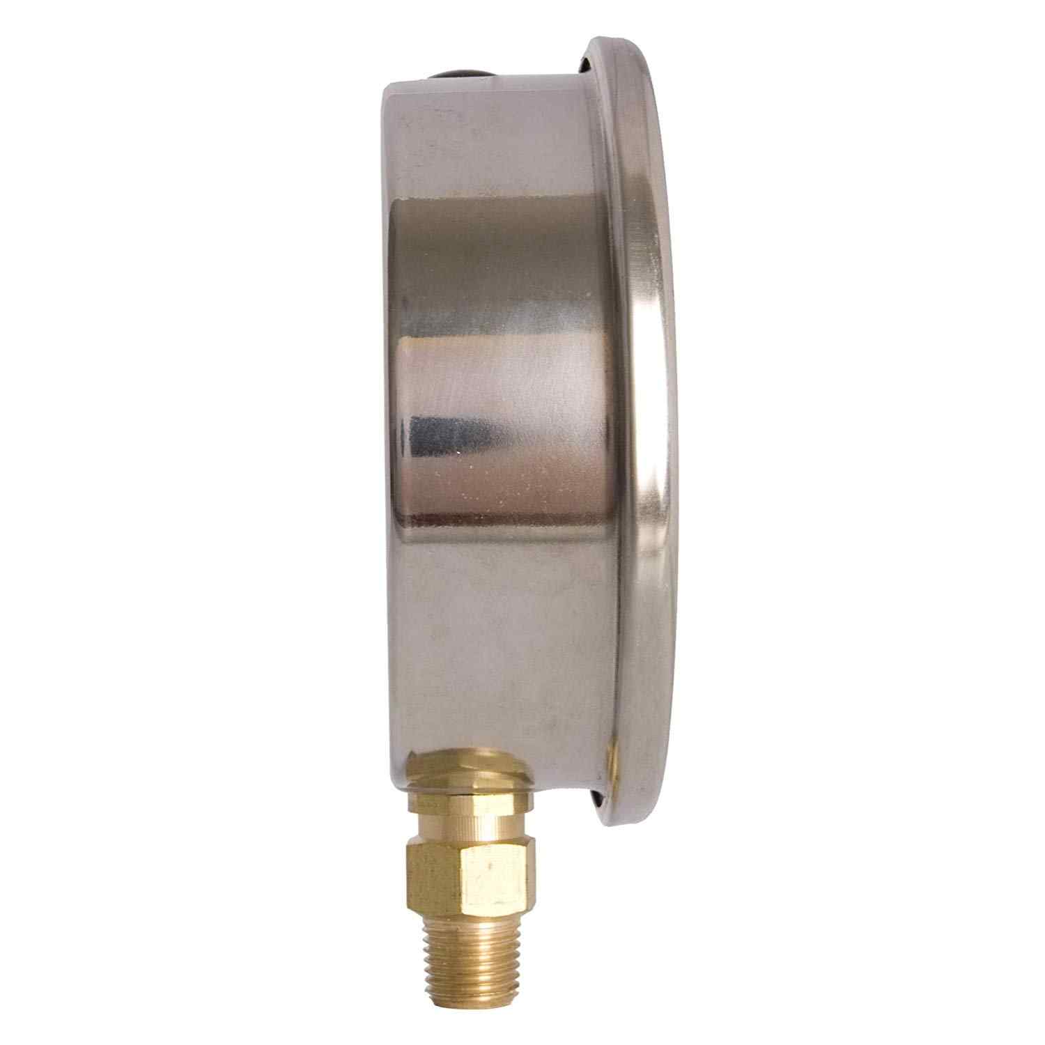 4" Oil Filled Vacuum Pressure Gauge - Stainless Steel Case, Brass, 1/4" NPT, Lower Mount Connection