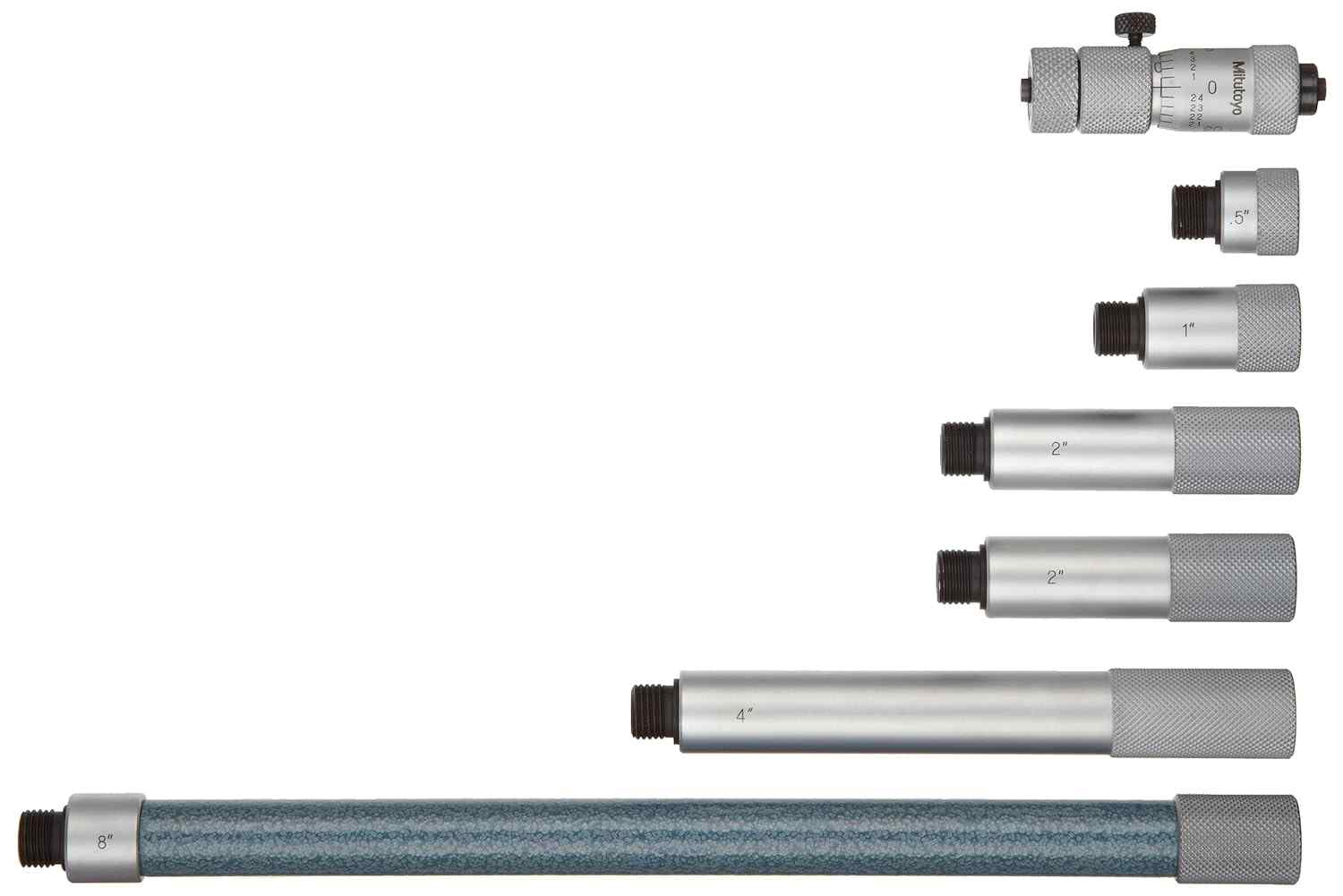 Tubular Vernier Inside Micrometer, Extension Rod Type, Carbide Tipped Face, 2-6\" Range, 0.001\" Graduation, +/-3.00024\" Accuracy, 3 pcs Extension Rods