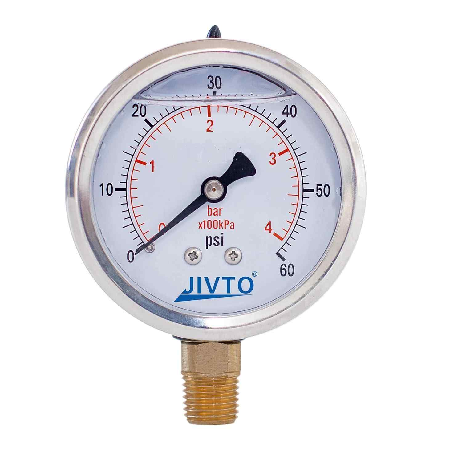 Pressure Gauge,Liquid Filled,2\" face Dia,0-60 psi/bar/kpa,1/4\" NPT Lower Mount