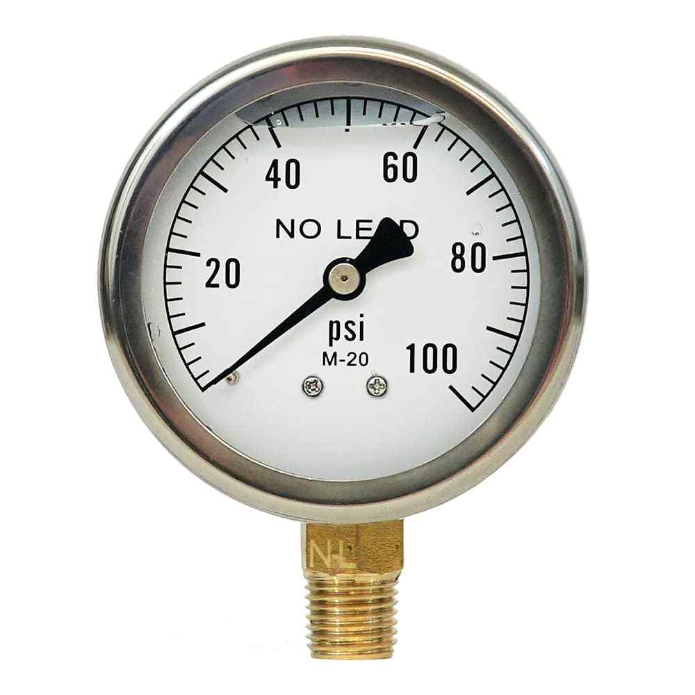 2-1/2\" Dial Size, Liquid Filled Pressure Gauge, 0-100psi/kpa, 1/4\"NPT Lower Mount (100 PSI)