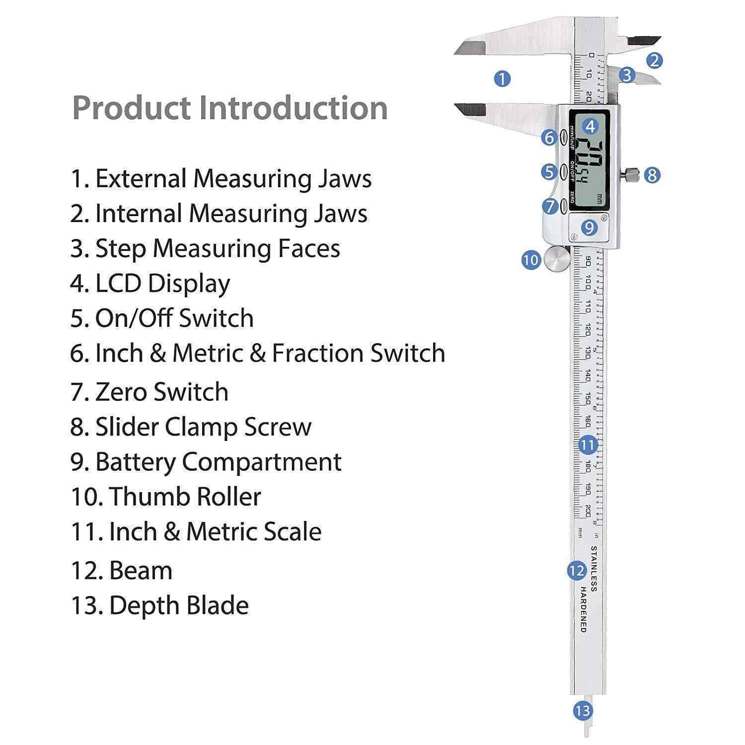 Digital Vernier Caliper Stainless Steel Electronic Caliper Fractions/inch/Metric Conversion Measuring Tool