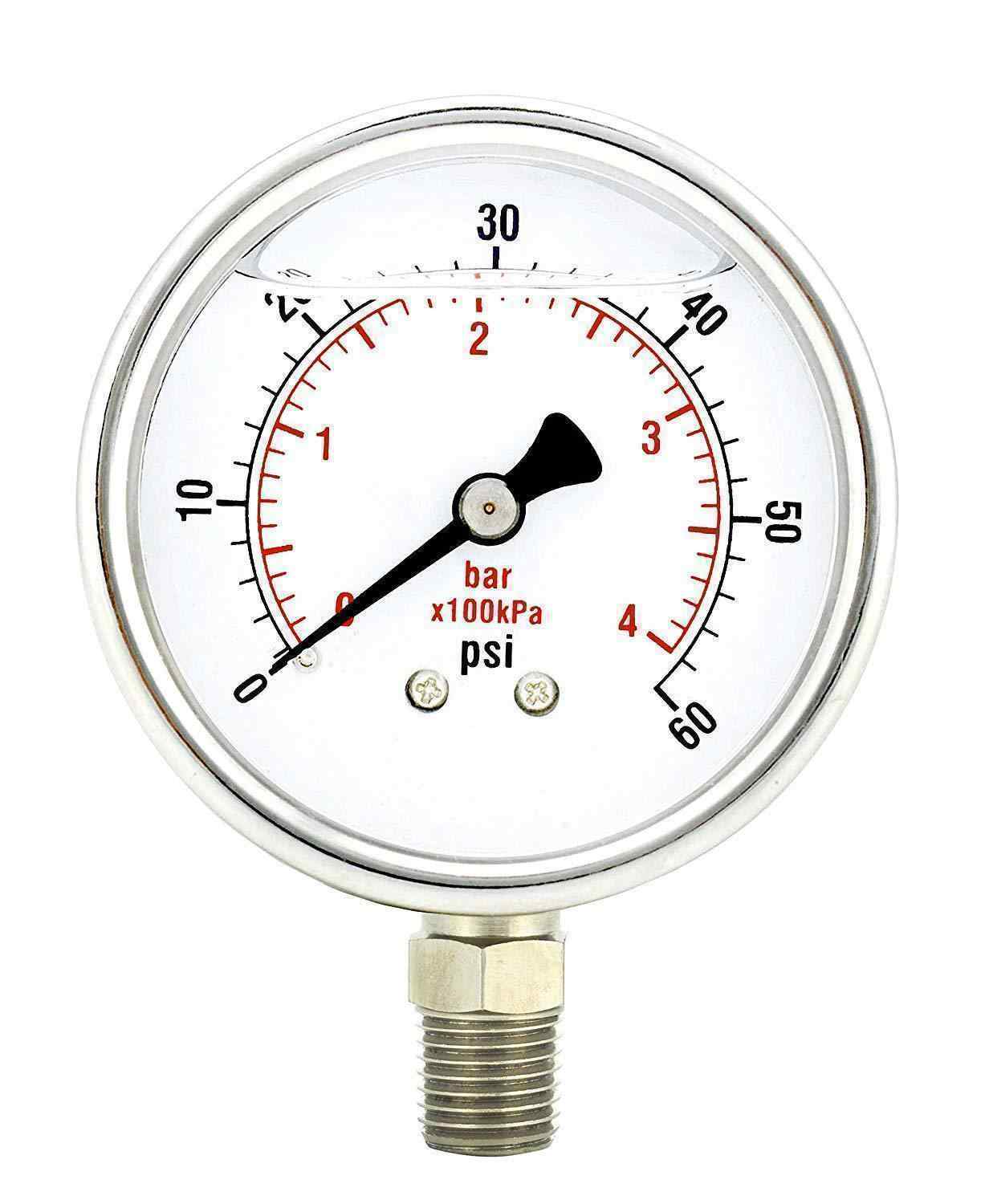 2" Pressure Gauge, Stainless Steel Case, Chrome Plated Brass Connection, Lqiuid Filled, 0-60 psi/kPa, Lower Mount 1/4" NPT